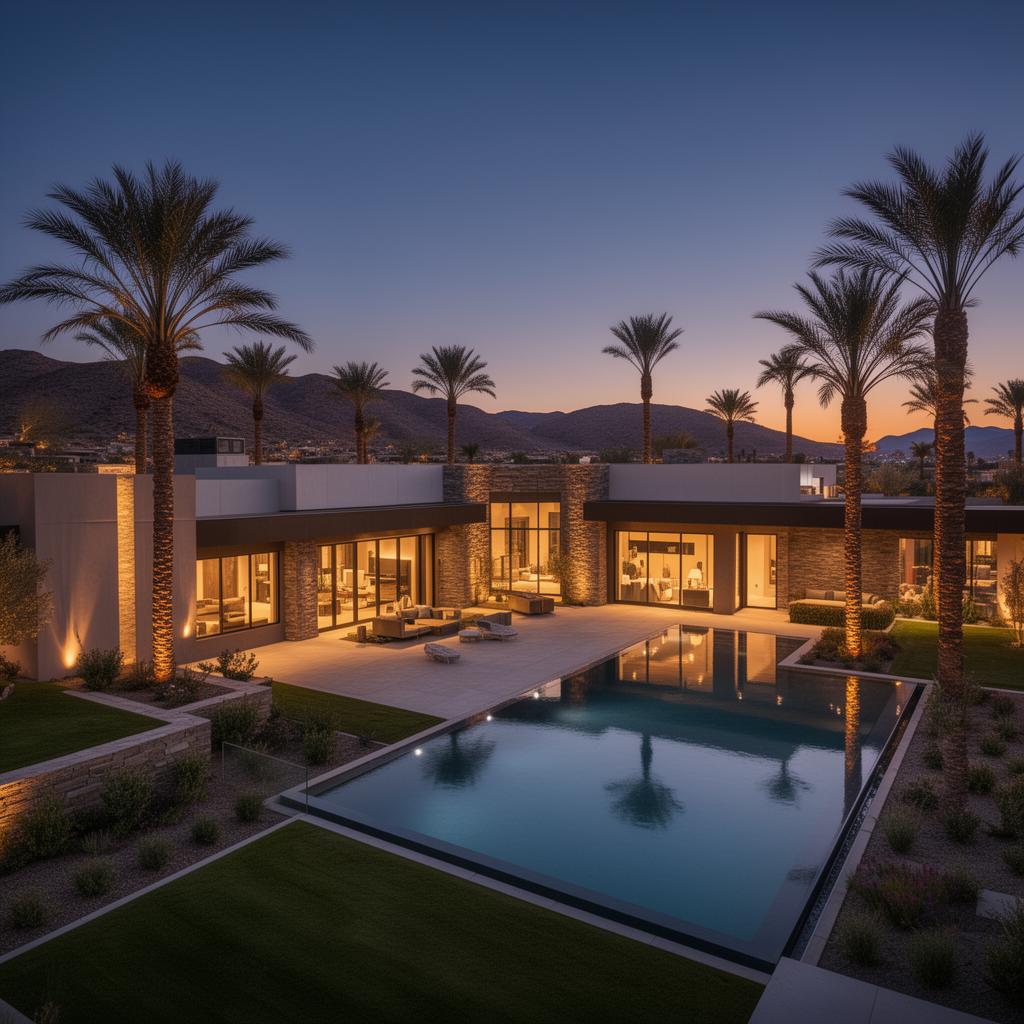 Desert luxury home exterior in Las Vegas at dusk